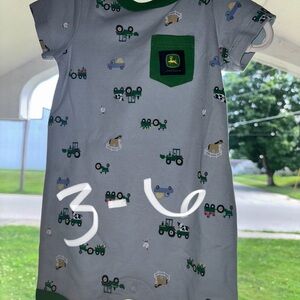 John Deere Light Blue Romper with Green Tractor and Farm Animals Print
